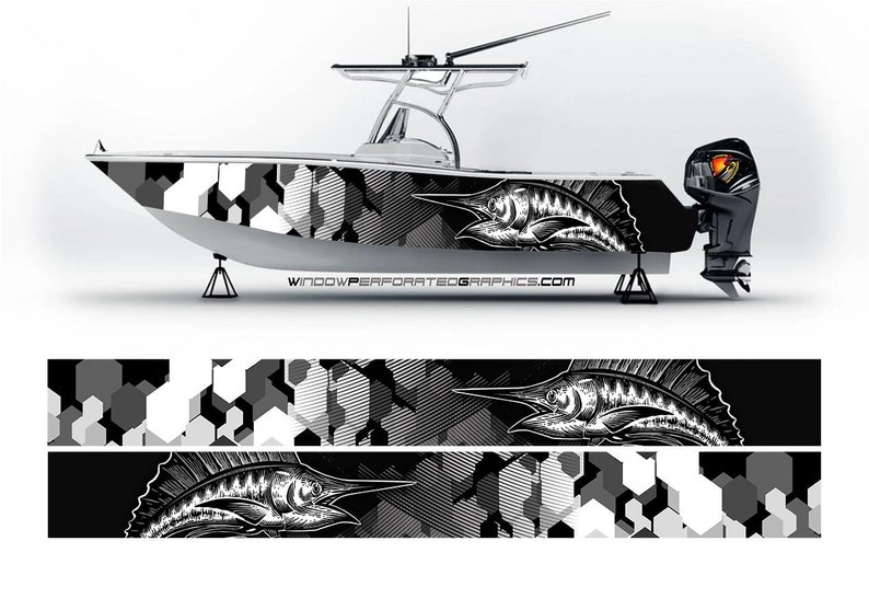 ビニールボートのラップ、マーリンフィッシュのグラフィック、黒 - Fishing Boat Trailer のレビューと価格